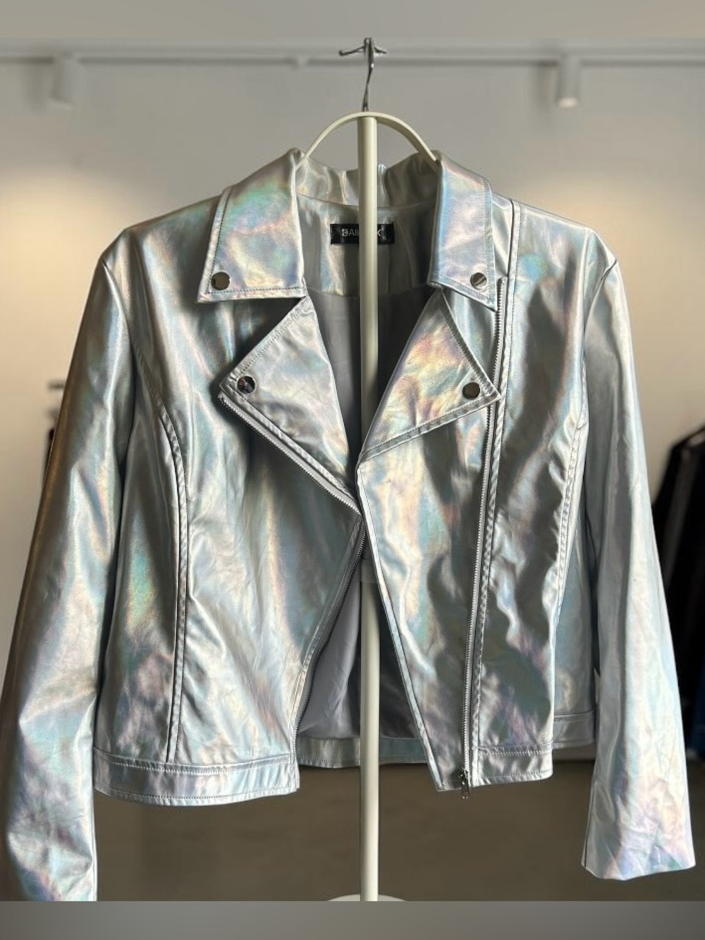 Holographic Silver Moto Allegra K XL Iridescent Faux Leather Biker Jacket